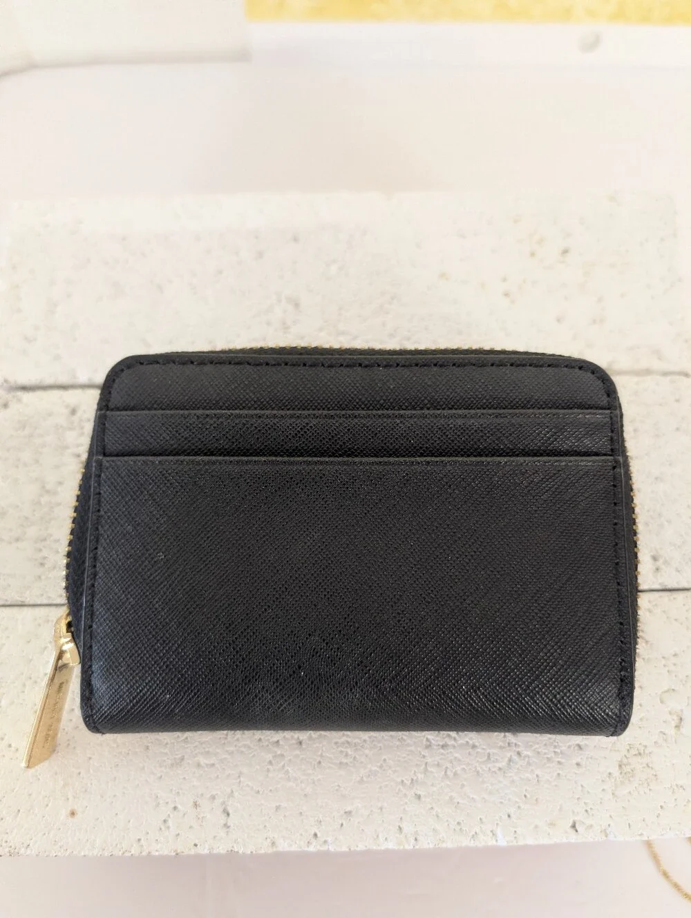 Michael Kors Black Saffiano Leather Zip Card Holder with Gold Logo